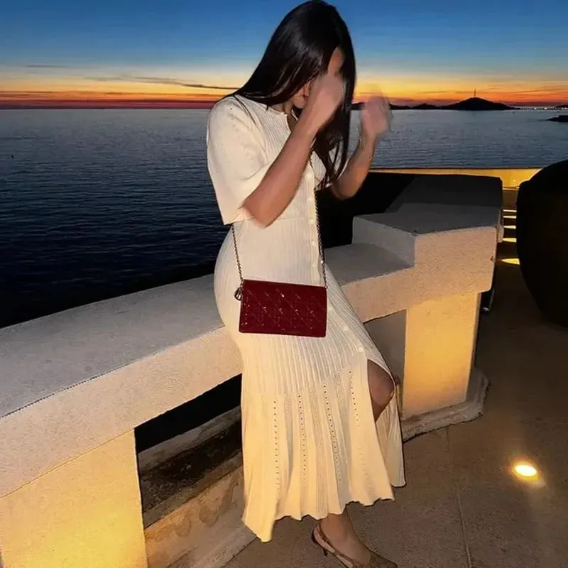 Thời Trang Miếng Dán Cường Lực Xếp Ly Đầm Maxi Nữ Thanh Lịch Ren Viền Dệt Kim Dài Đầm Nữ 2025 Mùa Hè Mới Dạ Hội vestidos