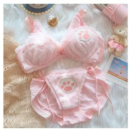 Cute Cat Paw Plush Lingerie Set for Women Warm Winter Bra & Panty with Ears Comfortable Kawaii Underwear