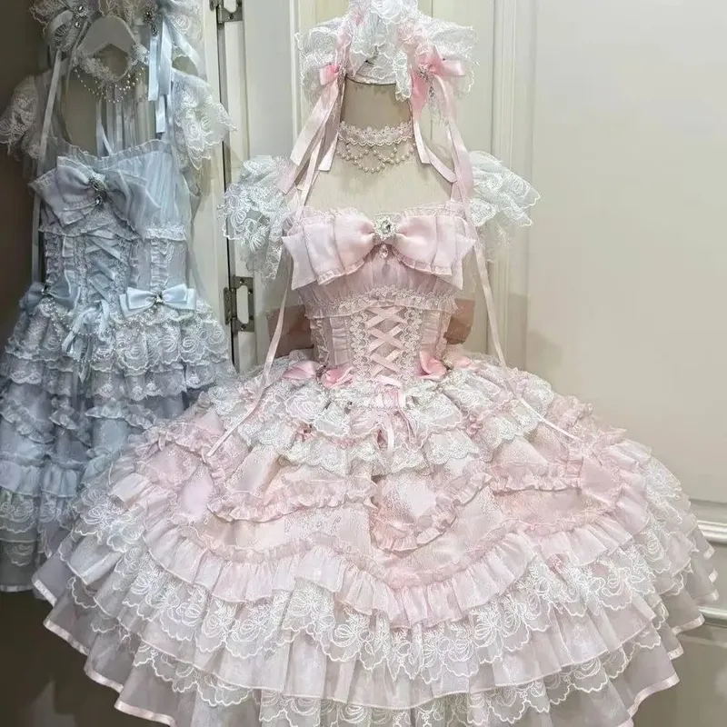 Cosplay Clothing Girls Vintage Elegant Holiday Party Dress 2026 Summer Lolita Strap Dress Japanese Sweet Kawaii Style Y2K Lace