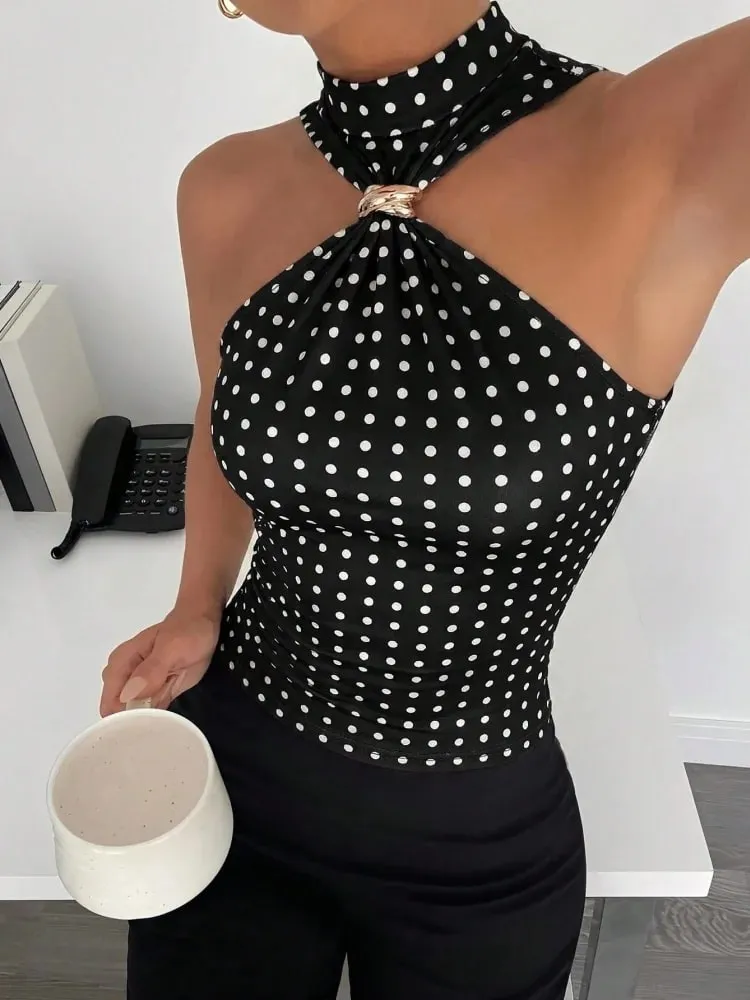 Metal Ring Decor Twist Knot Sleeveless Tank Top for Women Summer Casual Elegant Office Style Halter Neck Slim Fit Crop Top