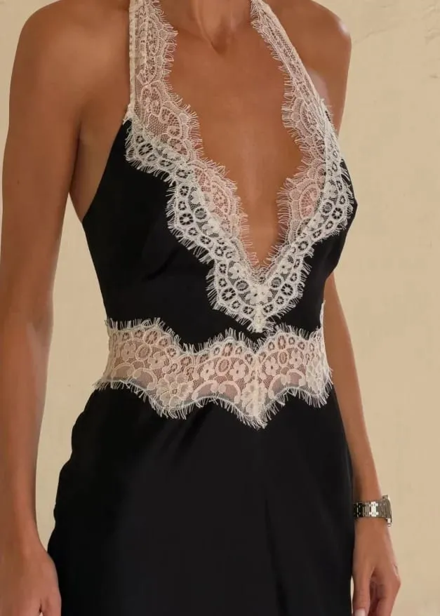 Siyah Dantel Patchwork Halter Boyun Maxi Elbiseler V Yaka Kolsuz Backless Yüksek Bel Uzun Elbise 2026 Zarif Parti Kulübü Kıyafetleri