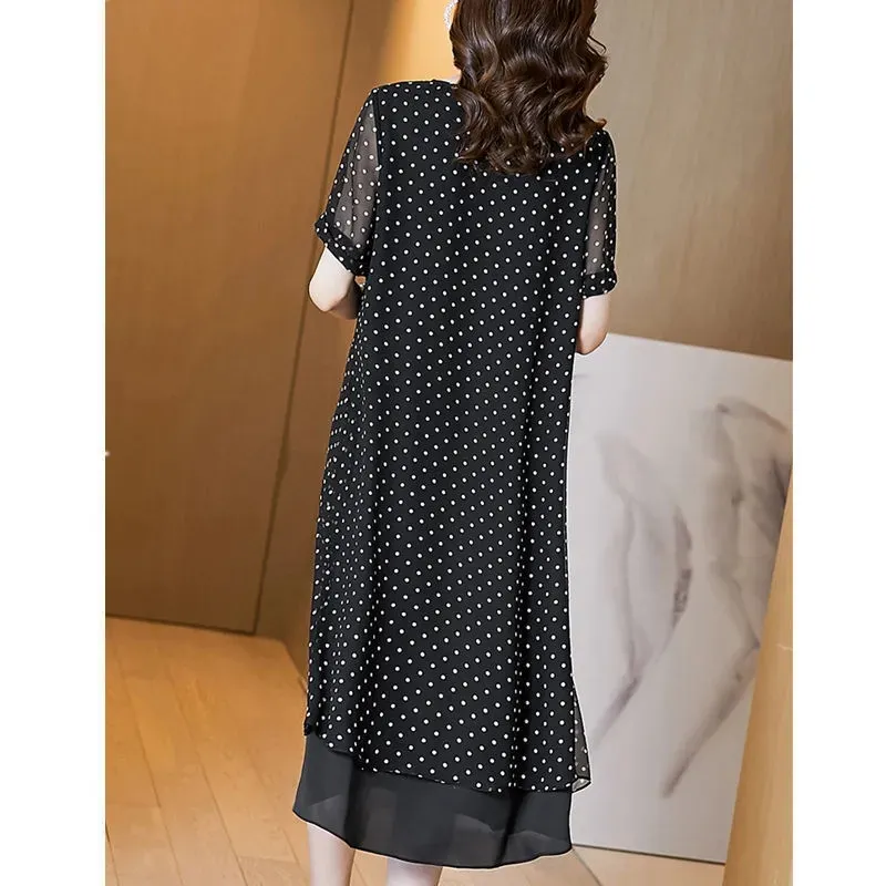 Verão mangas curtas cobrindo a barriga high end chiffon vestido 2026 novo tamanho grande solto dot estilo francês vestido longo feminino