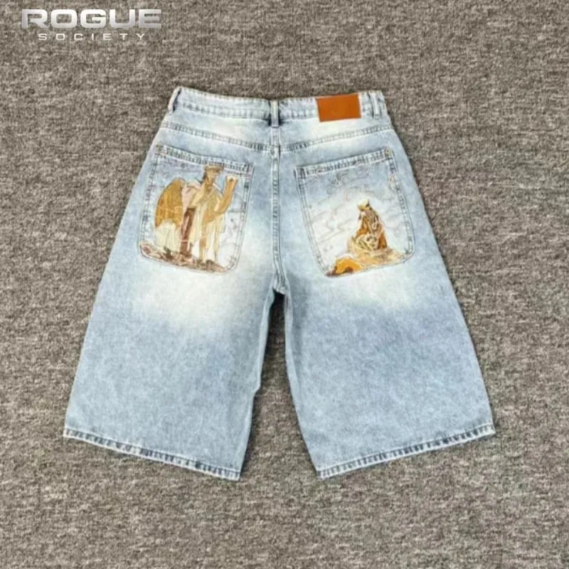 Summer Urban Hip Hop Denim Jorts Vintage Streetwear Y2k Embroidery Graphic Washed Baggy Denim Shorts Men Wide Leg Harajuku Jeans