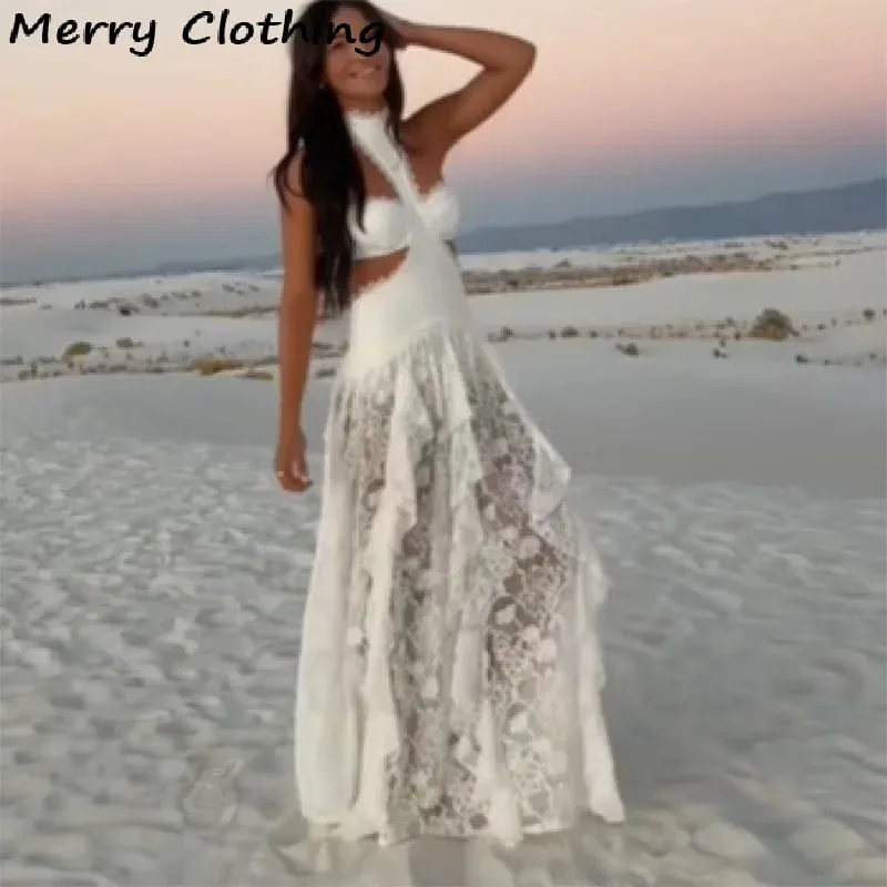 Sexy Lace Patchwork Dress Women Hollow Out Sleeveless Party Club Long Skirt See Through Halter Evening Gown Vacation Lady Robes