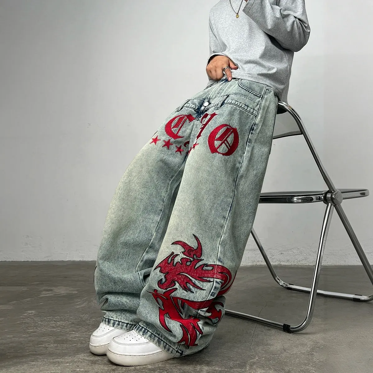 American Vintage Double-Waist Embroidery Design Blue Men's Loose Wide-Leg Jeans Y2K Street Hip-Hop Trendy Versatile Pants