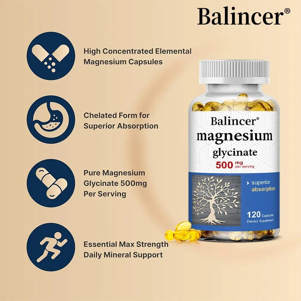 Magnesium Glycinate Capsules 500mg - Supports Muscle Joint and Heart Health Promotes Deep Sleep