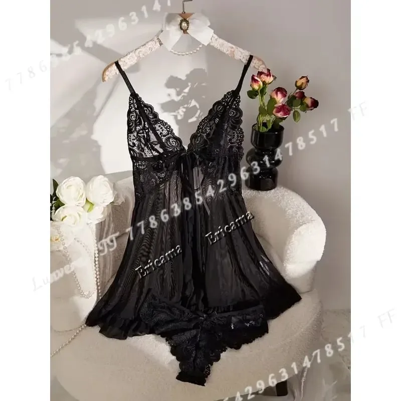 Women Sexy Lingerie Set Lace Bra Nightdress Solid Color Slim Fit Soft Sleepwear Erotic Underwear Dress