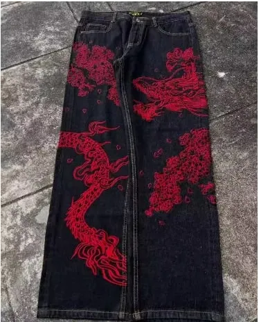 Unisex White Red Tribal Flame Print Loose Wide Leg Jeans Y2K Grunge Streetwear Oversized Denim Pants
