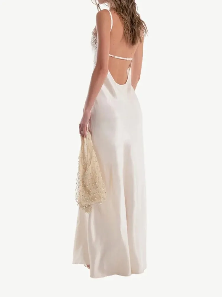 Chic Lace Patchwork Sling Maxi Dress Women Sexy V-neck Sleeveless Backless Satin Slim Long Gown Lady Evening Party Dresses 2026