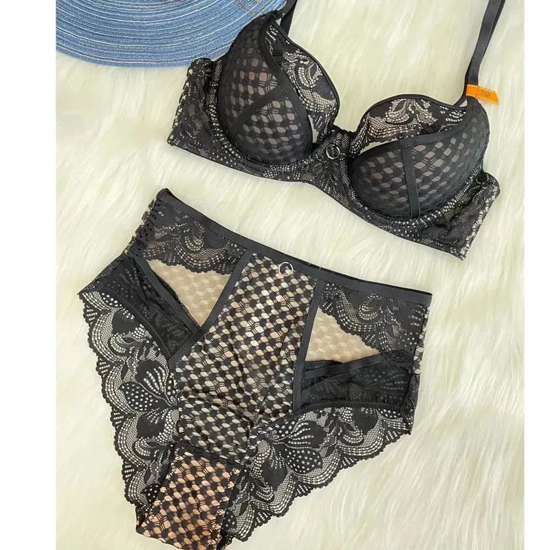 high quality lace bras and brief two piece set for women push up B C D cup hollow out wire summer lingerie underwear black white