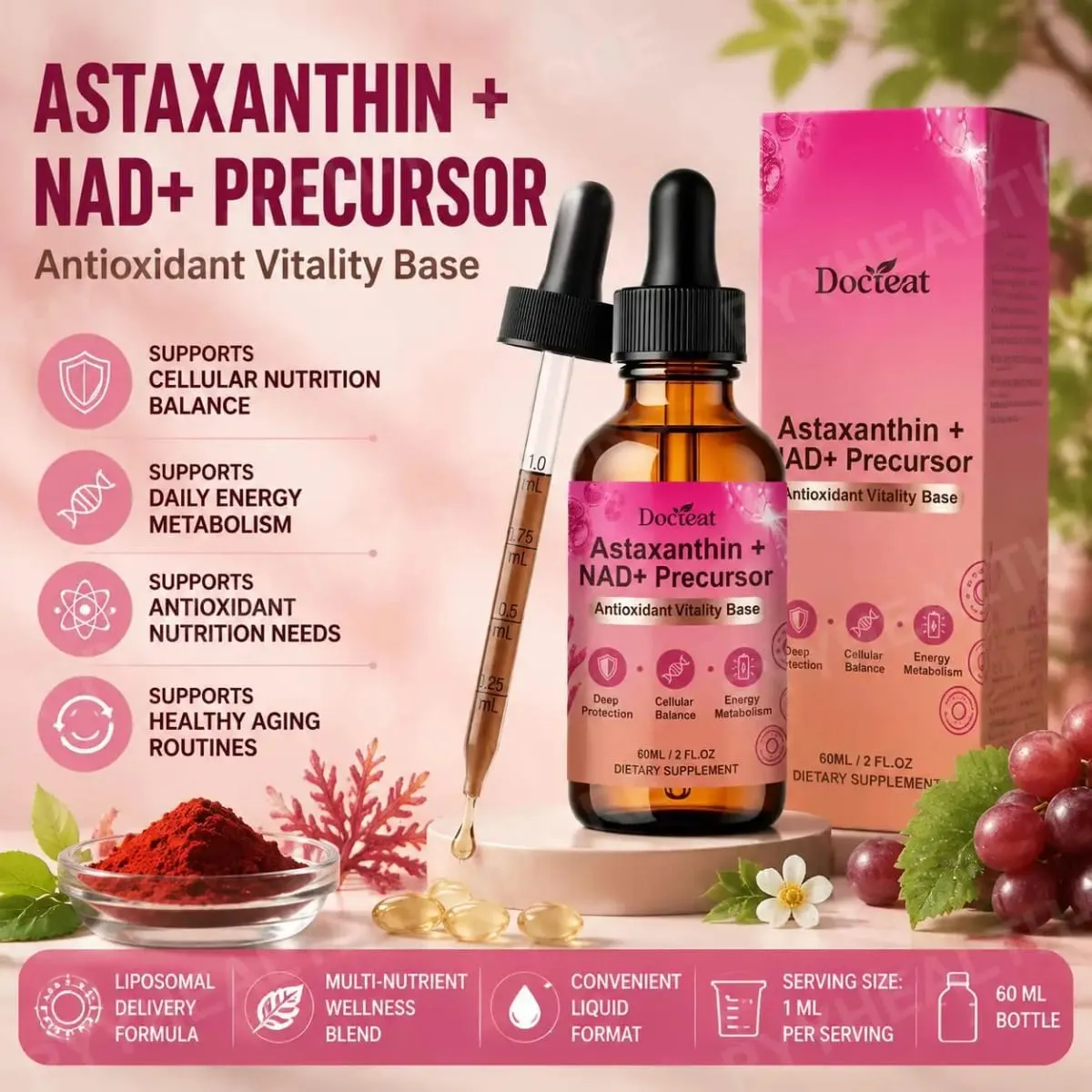 Docteat Astaxanthin+ NAD+ Precursor Liquid Supports Cellular Nutrition and Energy Metabolism Antioxidant Vitality Base 60 Ml