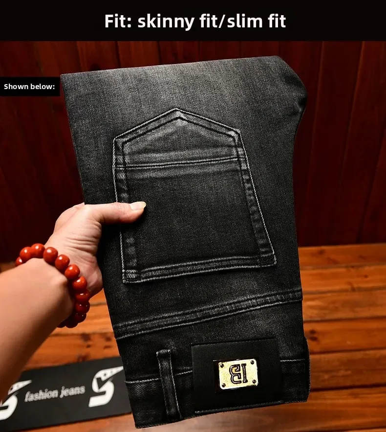 Jeans noirs pour hommes, Design de décoration en métal, tendance, déchiré, mode rétro nostalgique, pantalon Slim Fit