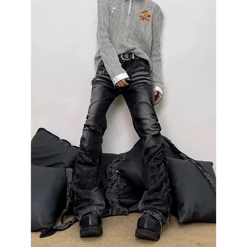 Spring Men's Flare Cargo Jeans Black Harajuku Japanese Low Rise Denim Pants Abi Y2k Bell Bottom American Retro Gyaru Bootcut New