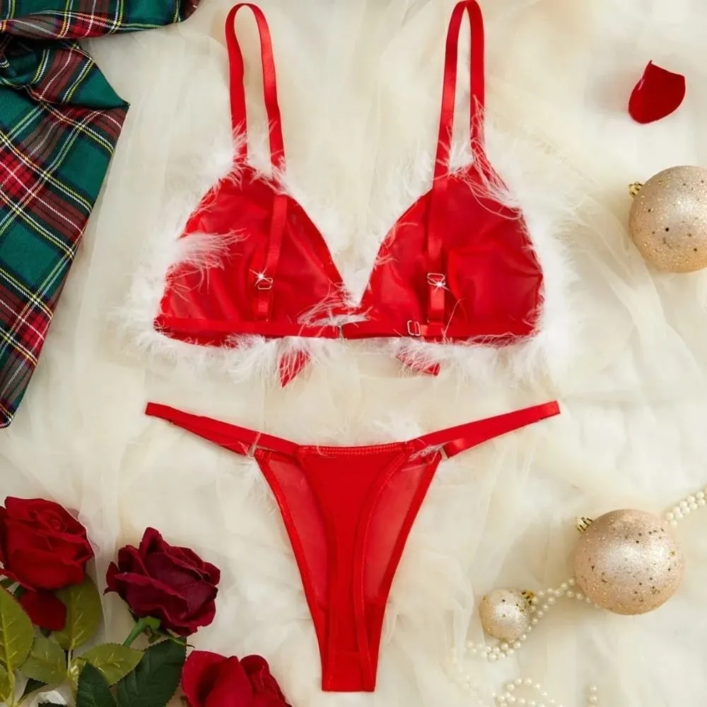 Furry Women's Underwear Mesh Transparent Bow Decor Lingerie Set Romantic Intimate Wireless Bra Panties Suit Intimate Moments