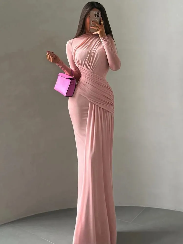 Nibber Folds Maxi Dress Women o-Neck Full Sleeve Solid Banquet Elegant Vacation Fashion Autumn Skinny Casual Simple Vestidos