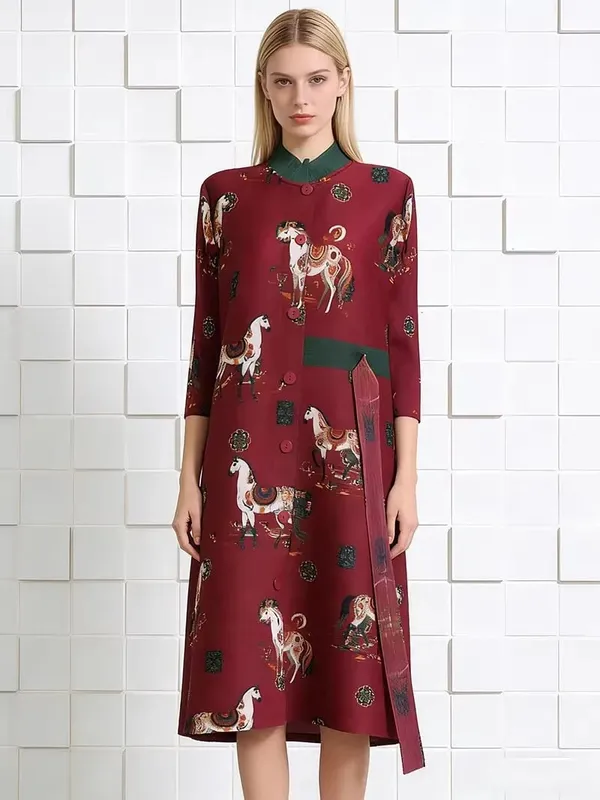 Miyake Pleated Dresses 2026 European New Printed Long Sleeve Single-Breasted Cardigan Jacket Stretch Plus Size Women's Clothing