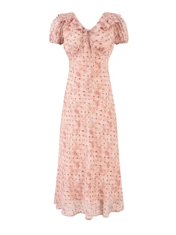 Chu Sau beauty Damen Neue Mode Süße Polka Dot Print Chic Rüschen Midikleid Französisch V-Ausschnitt Puffärmel Vintage Partykleider