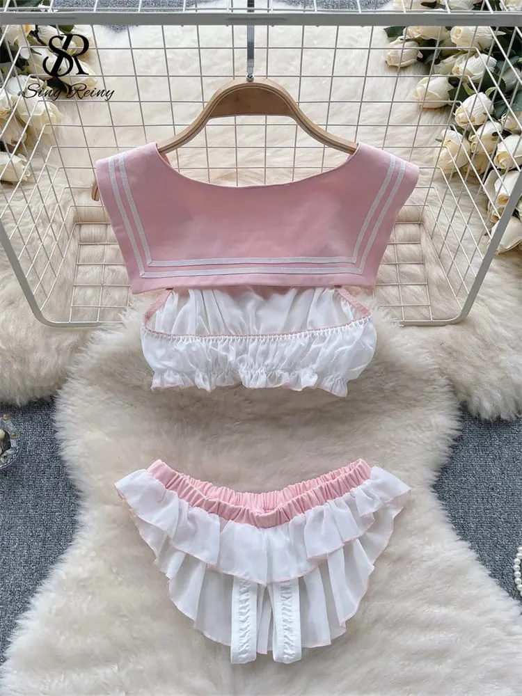 Bow Sheer Japan Style Erotiska kostymer Damunderkläder Marinblå krage Ärmlösa toppar+chiffongtrosor Söta sexiga underkläder