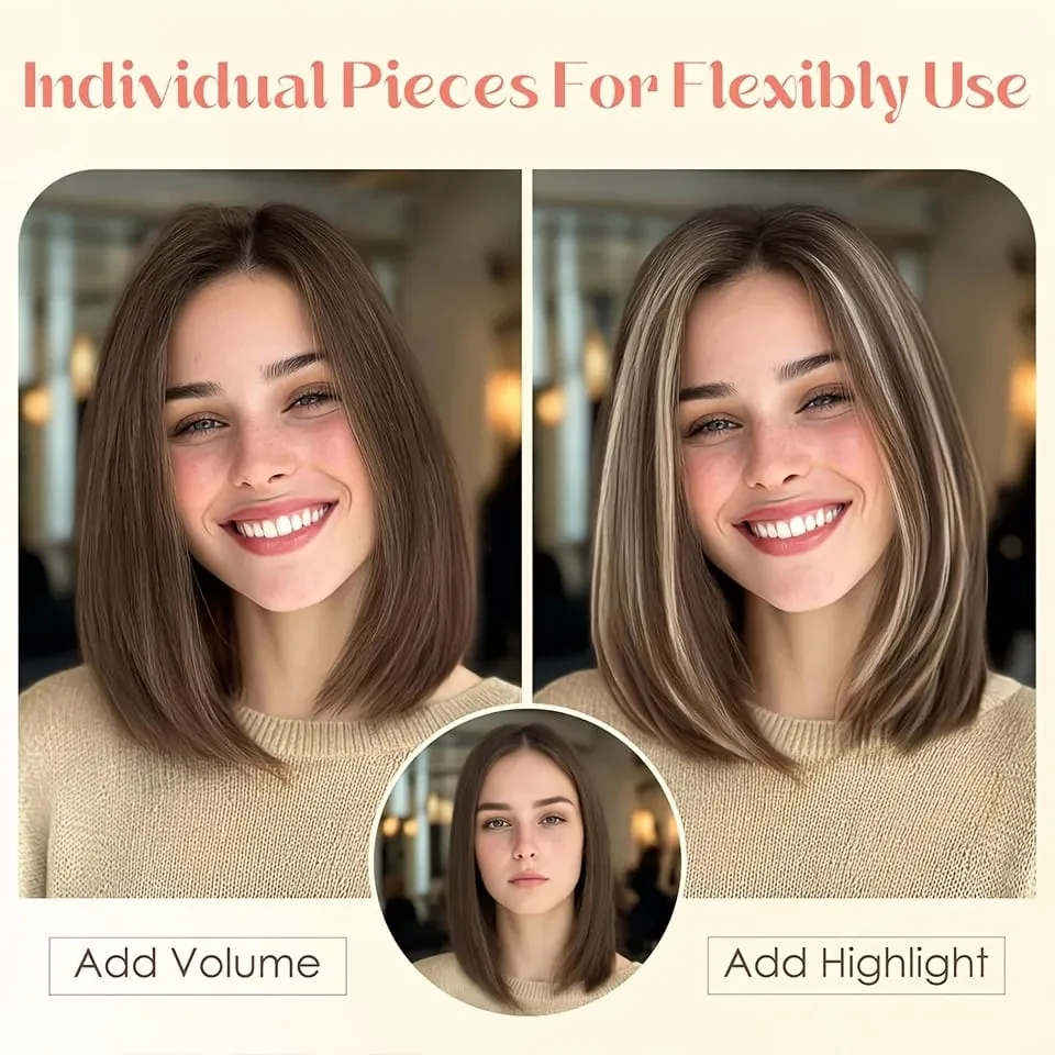 Straight Clip In Hair Extensions Synthetic 6Pcs Highlight Clip On Hair Pieces Thin For Women Short Bob Hairstyle Daily