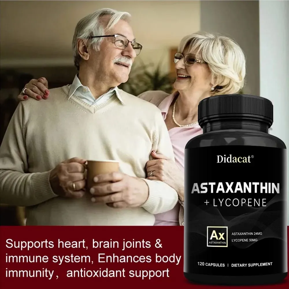 Astaxanthin 24mg + Lycopene 50mg Natural Antioxidant From Microalgae Astaxanthin Supplement Support Eye Skin Health Non-GMO