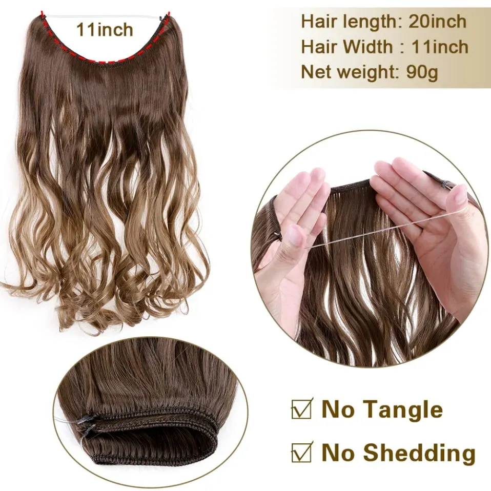 Synthetic Invisible Wire Hair Extensions Transparent Wire AdjustableLong Wavy Curly Secret Hairpiece 20 Inch for Women
