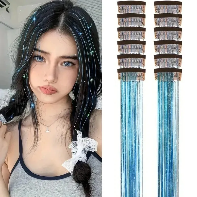 12 Pcs Colorful Clip in Hair Tinsel Extensions Fairy Glitter Hair Accessories synthetic 20‘’ Party Kit for Women Girls Kids