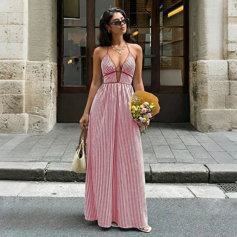 2026 Summer New Style Deep V-neck Striped Beach Dress Sexy Backless Sleeveless Neckline Long Dress