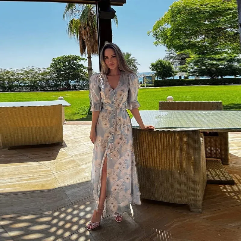Women Dress Color Blocking Maxi Sleeveless Dresses Scarf Slimming Side Slit Long Dress Elegant Beach Vacation Party Outfit Lady