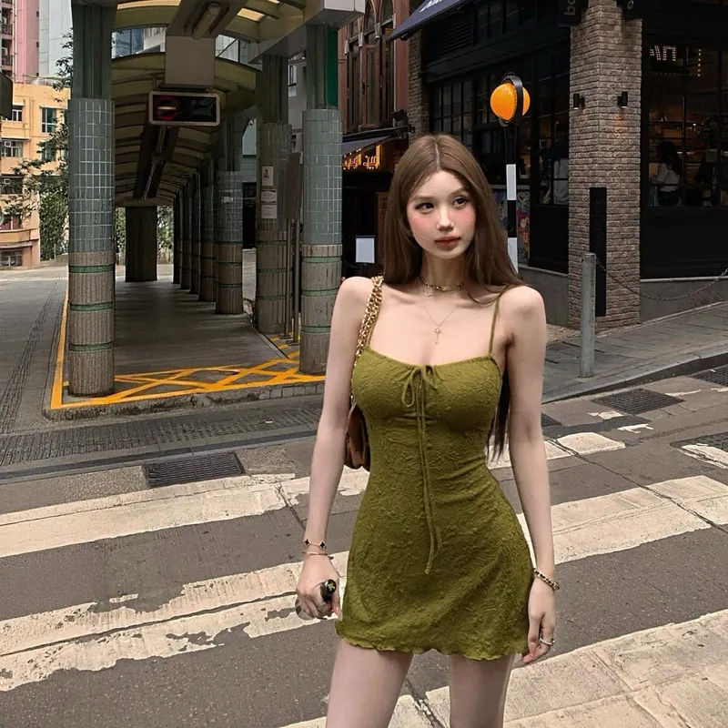 Green Textured Slip Dress for Women Retro Vacation Style Ruched High Waist Slim Fit A-line Mini Dress Pure Desire 2026
