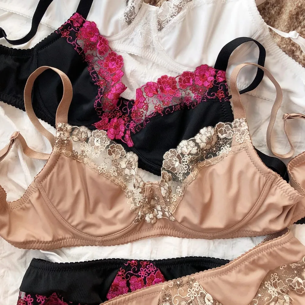 French Lace Flowers Embroidery Bra Set for Women Ultra Thin Lingerie Sexy Underwire Push Up Bras Plus Size BCDEFG Cup Underwear