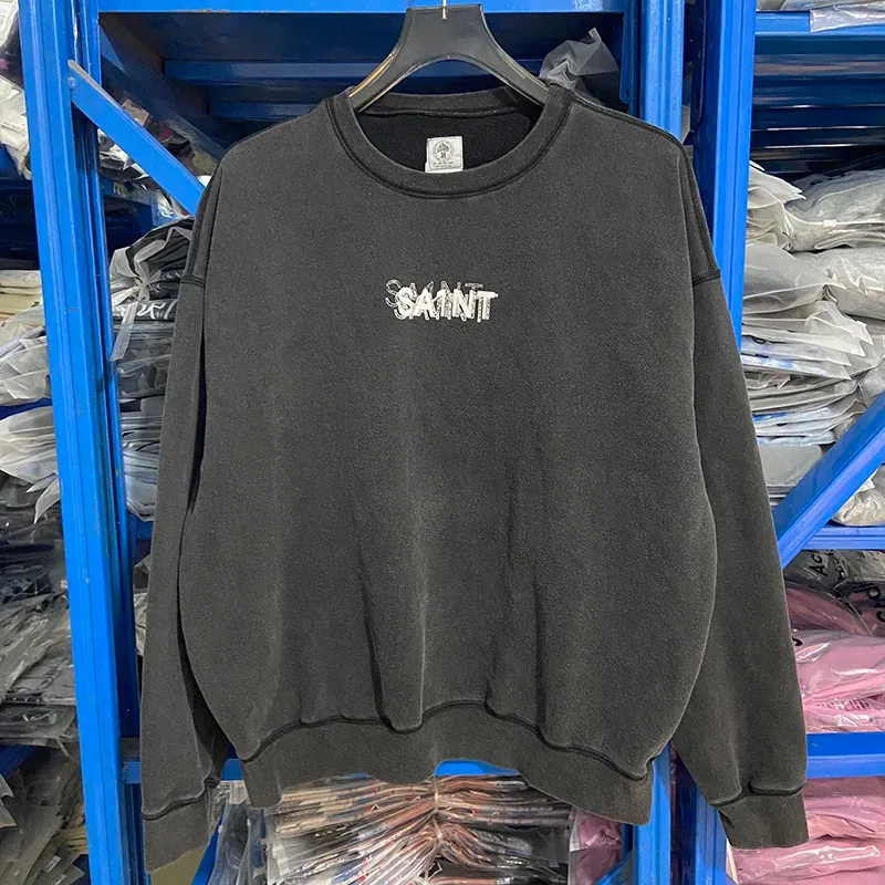 Autumn Winter Classic Overlapping Logo Print Saint Sweatshirts Men Women Couple Colorful Letters Graffiti Washed Black Pullovers