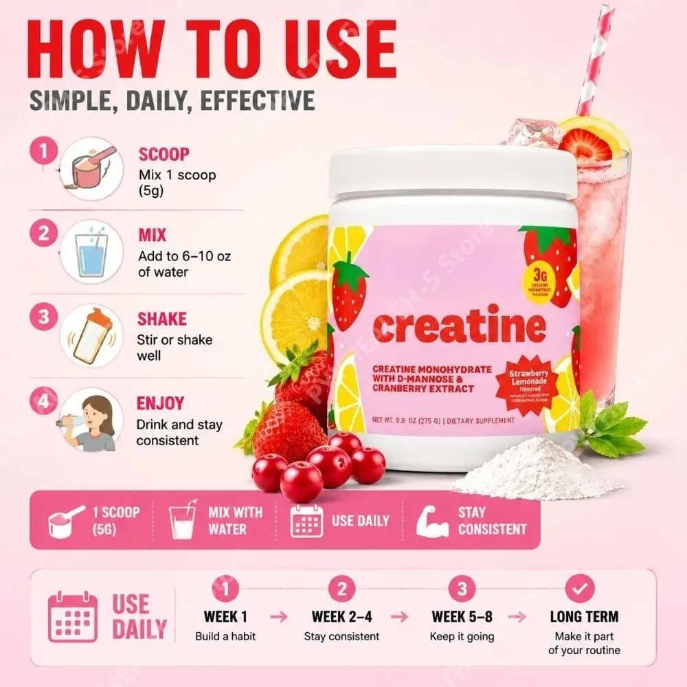 Creatine Monohydrate Powder Supplement 3g Serving Vegan Formula Strawberry Lemonade Flavor Zero Sugar for Active Lifestyle