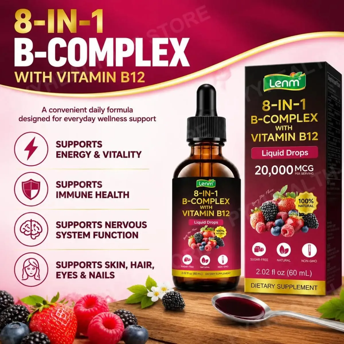 Lenm Vitamin B12 B-Complex Liquid Drops 8-in-1 Supports Nervous System Immune Health and Daily Energy 60 ML Sugar-Free Non-GMO