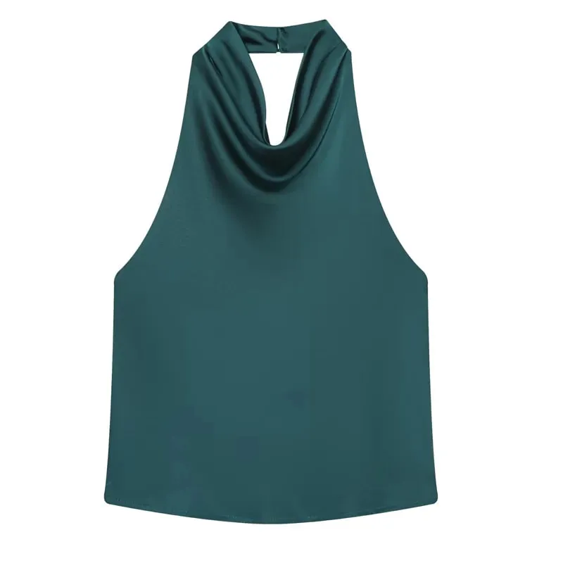 Women's Tanks Halter Top Women Sleeveless Green Crop Tops Summer Satin Party Evening Top Backless Sexy White Black Top