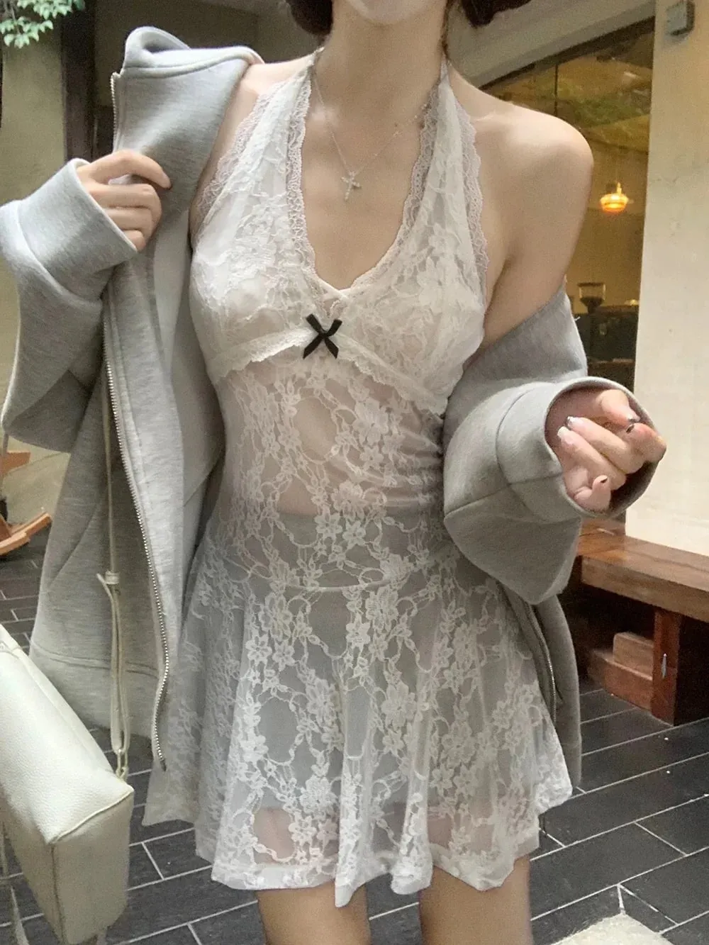 New Polyester Lace Halter Dress Transparent V-neck Hollow Out Camisole Sexy Breathable Beachwear Women