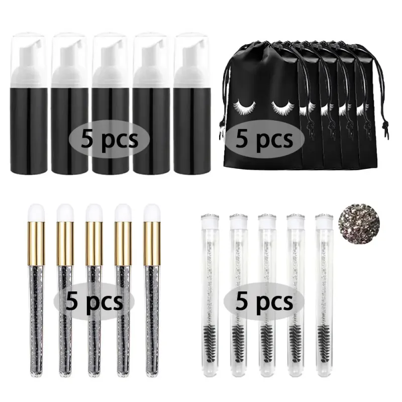 60ml Refillable Empty Plastic Pump Bottle Lash Extension Cleaning Kit Long Rod Brush Lash Curler Dust Tube EVA Storage Bag Tools