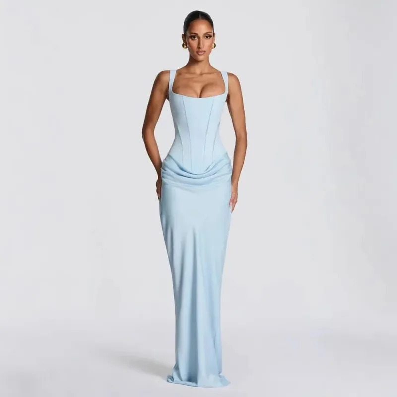 Ladies' formal square neck sleeveless waist cinching design with pleated fish tail long skirt for dinner party slimming dress