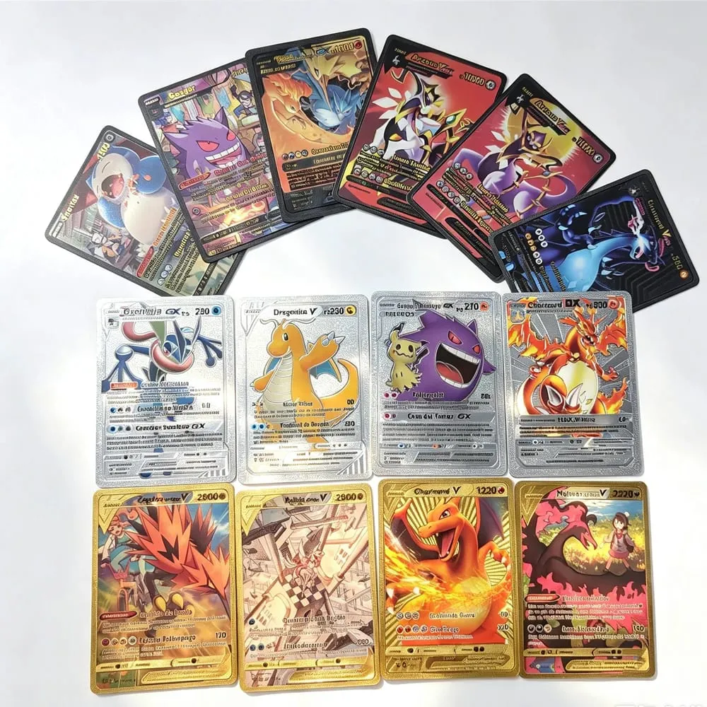 English 10-55Pcs Pokémon Gold Foil Cards Golden Letters English Game Card Charizard Vmax Gx Series Gift