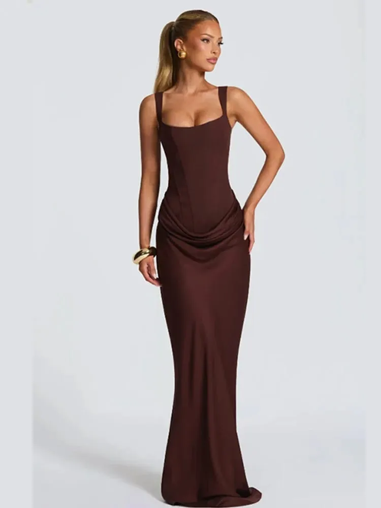 Women Pleated Sleeveless Maxi Dress Summer Solid Slim Fit Square Neck Corset Style Dresses Flady Fashion Evening Party Gowns