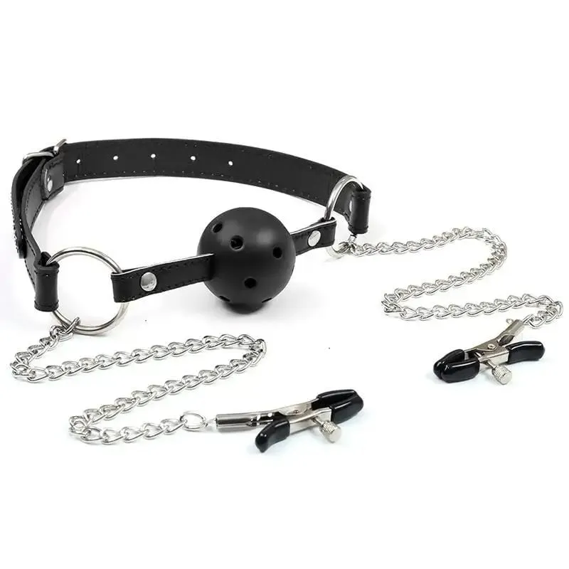 New Erotic Toy PU Leather Mouth Gag Ball Oral Sex With Chain Clip Breast Nipple Clamps Bondage Harness Sex Toys Adult Games