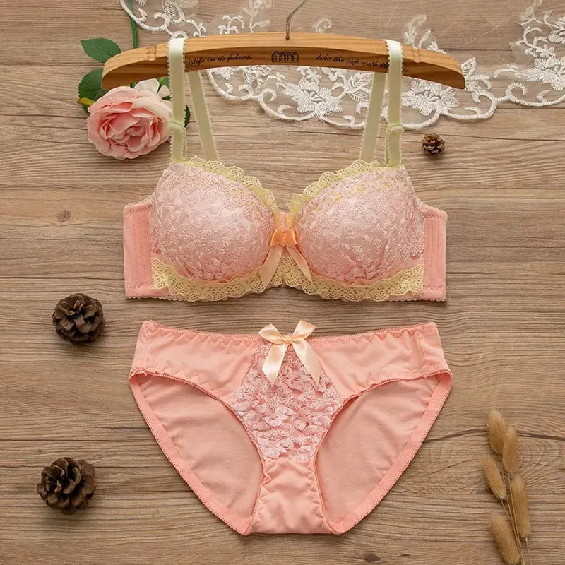 Women Underwire Sexy Lace Bra&Panty Shape‑Adjustable Push‑Up Bra For Small Bust Young Girls Anti‑Sagging Support Lingerie Set