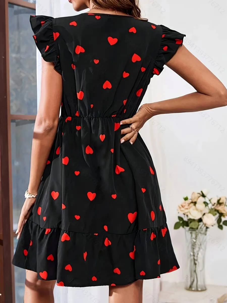 Fashionable Elegance Sweet Heart Print V-Neck Cap-Sleeve Women's Dress Vibrant Casual Chic Style Ladies Gown