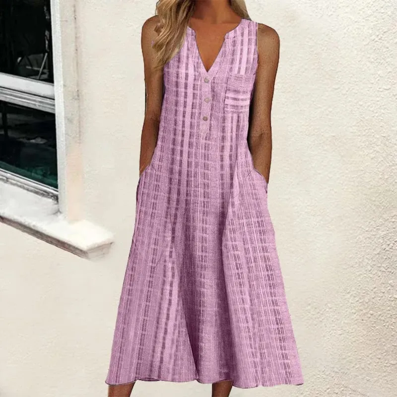 Summer New Women's Dresses V-Neck Sleeveless Button Loose Striped Print With Pocket Casual Beach Dresses