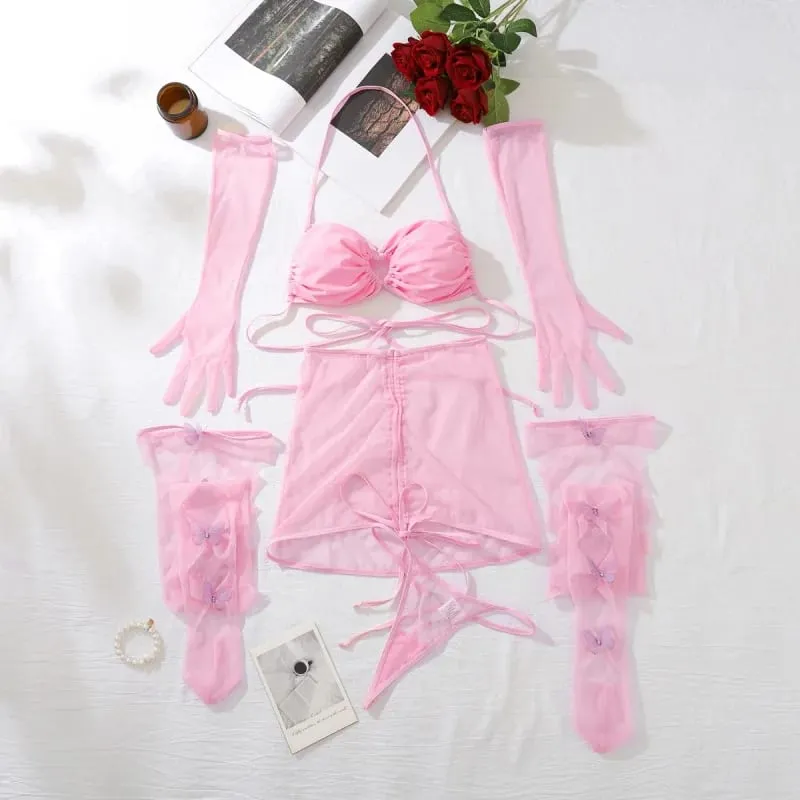 Lingerie Ultra Sexy Halter Bra Drawstring Pleated Attractive Suspenders Romantic Butterfly Cut Out Stocking Gloves