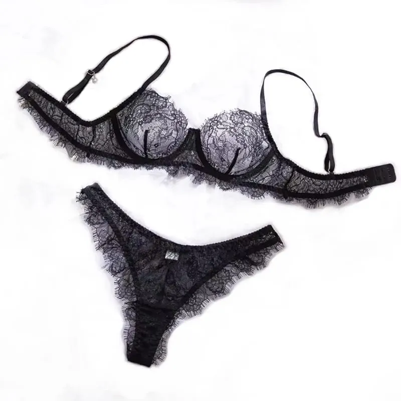 2pcs Ladies' Basic Style Thin Lace Bra And Panty Set Comfortable Seamless Single Layer Romantic Transparent Intimate Apparel — image 1