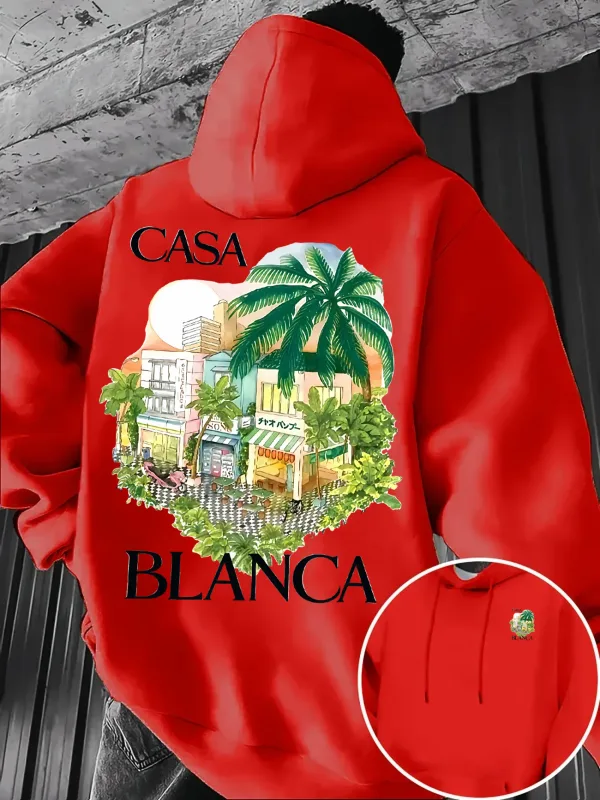 Men's Fall/Winter Fleece Hoodie with Tropical Palm City Landscape Print Warm and Loose Fit Street Style Hooded Sweatshirt