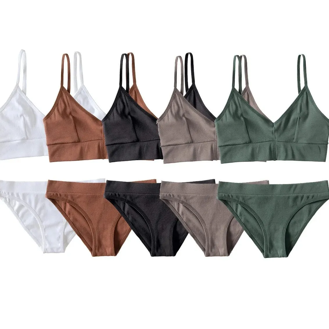 Women's Ribbed Wireless Bralette Set Solid Color Thin Strap Camisole Bra and Triangle Briefs Lingerie
