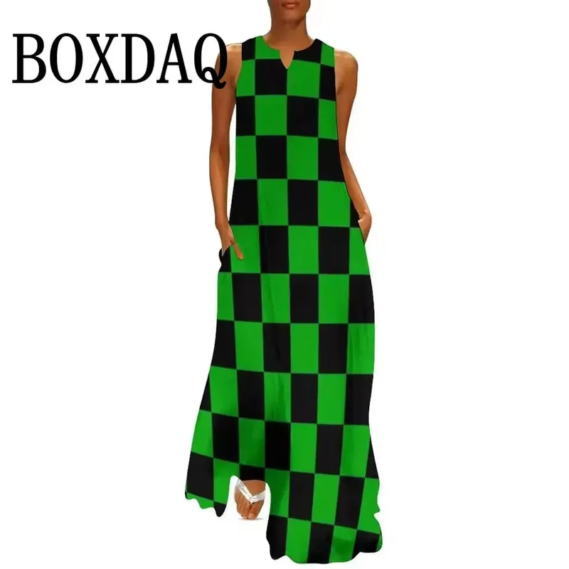 Retro Kontrast Renk 3D Baskı Elbiseler Kadınlar Için 2025 Yaz Moda Sokak Giyim Gevşek Plaj Uzun Elbiseler Rahat Tankı Maxi Elbise
