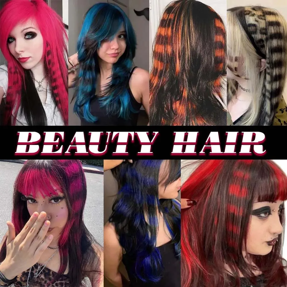10pcs/set Stripe Printed Hair Colorful Long Straight Hair Pieces Synthetic Clip-in Hair Extensions for Daily Use Party Christmas