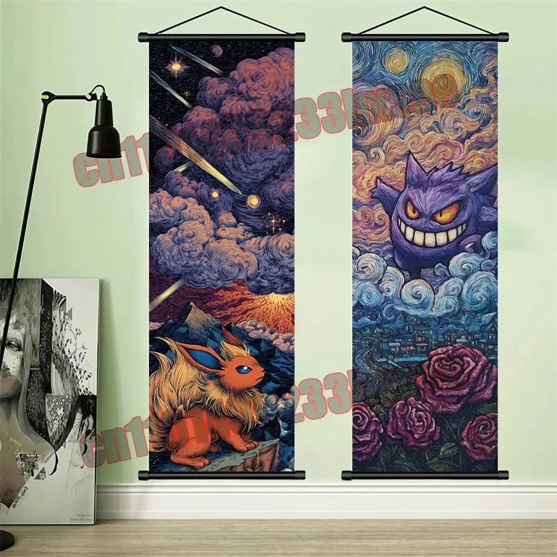 Printed Pokemon Poster Anime Wall Artwork Gengar Eevee Pikachu Images Scroll Paintings Retro Artist Home Living Room Decor